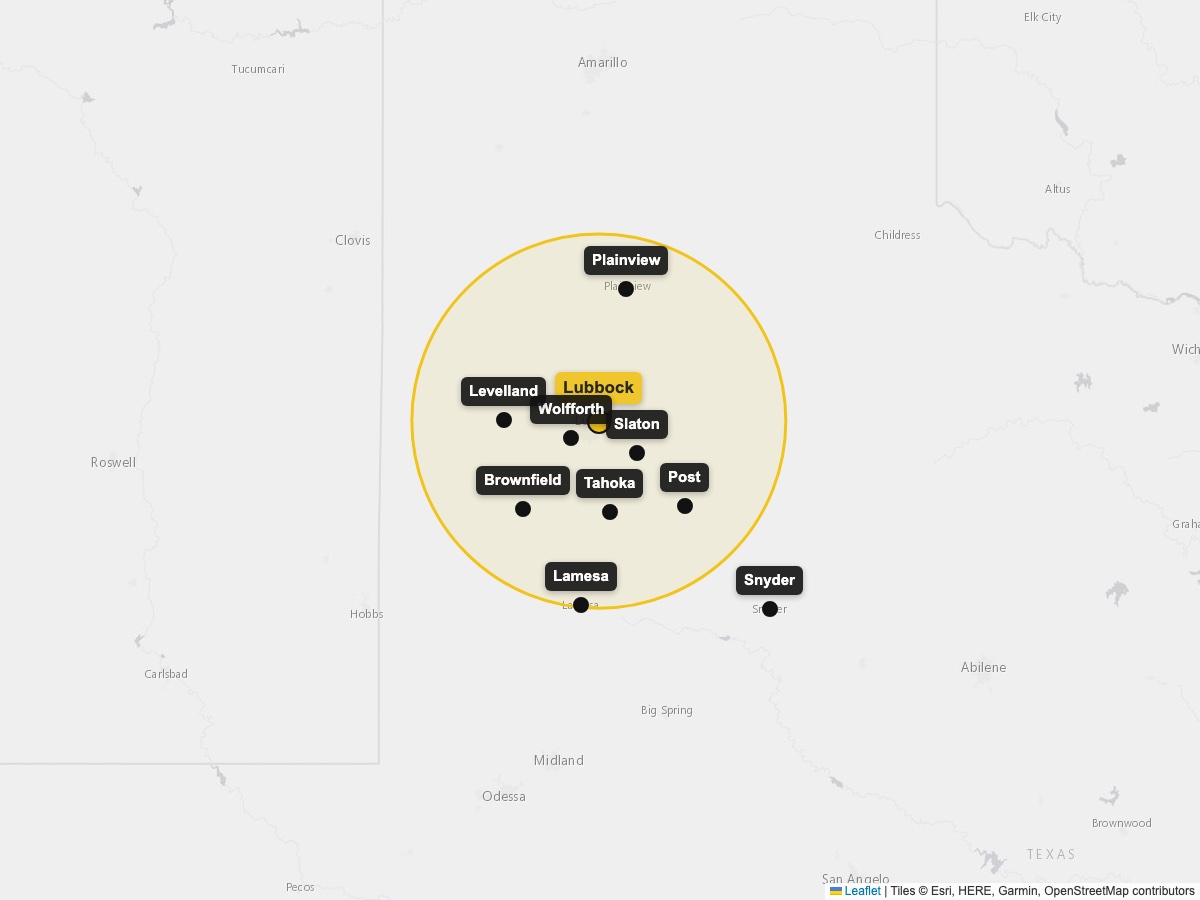 Map of the Lubbock service area with Wolfforth, Slaton, Levelland, Plainview, Snyder, Lamesa, Brownfield, Post, and Tahoka