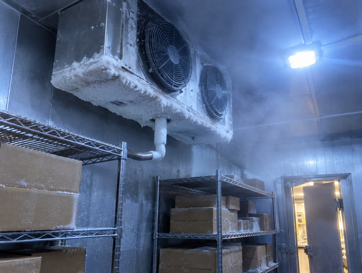 Frosted evaporator inside a walk-in freezer